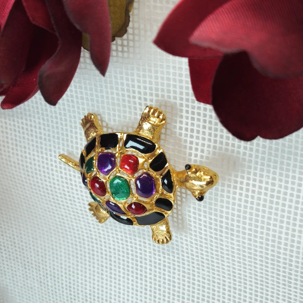 Vintage Colorful Multi Faux Gemstone Gold Tone Turtle Brooch Statement Brooch